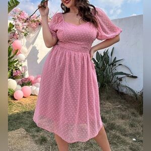 Plus Swiss Dot Sweetheart Neck Puff Sleeve Tie Back Dress